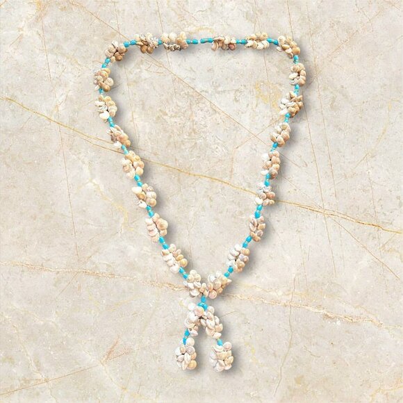 Lariat Seashell Snail Cluster Beads with Blue Bead Resin Spacer Necklace - Picture 4 of 8